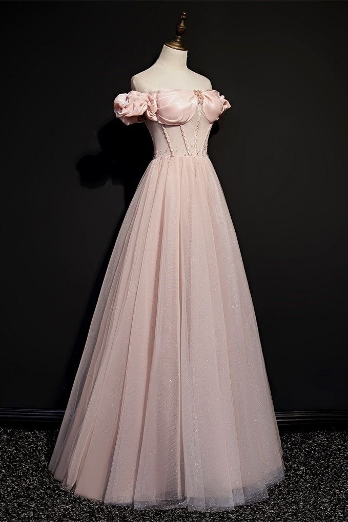 Lovely Pink Off-the-Shoulder Tulle Beading Prom Dress A-Line Party Evening Dress - View 3 | FashionDia