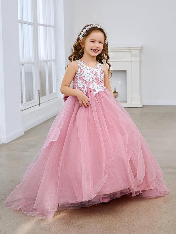 Princess Sleeveless Tulle Flower Girl Dress with Lace and Bow Pink (010224320) - View 2 | VelvetHem