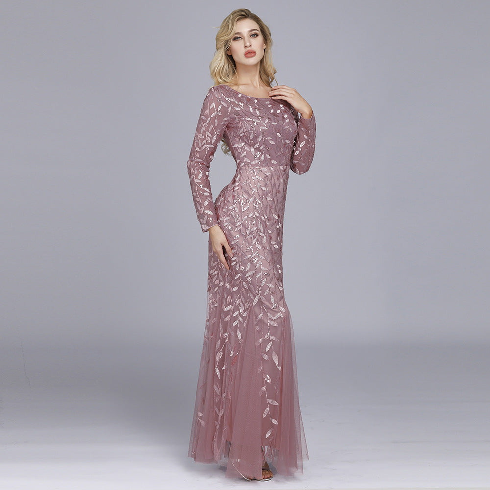 Spring Multi-Color Long Sleeve round Neck Fishtail Banquet Evening Dress for Women - View 6 | VelvetHem