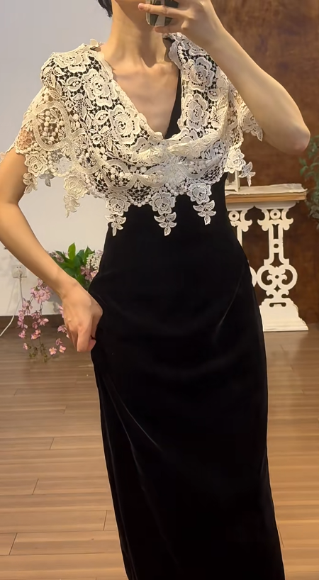 Black Mermaid Prom Party Dress White Lace Evening Dress Birthday Outfit - View 3 | FashionDia
