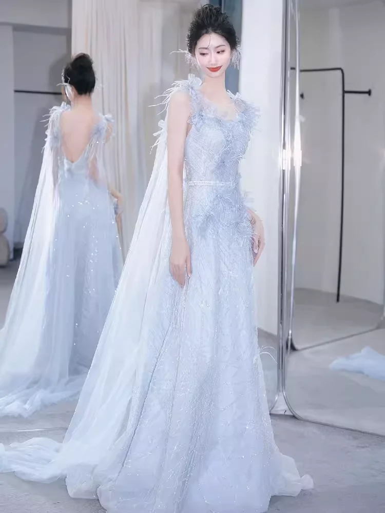 Mermaid Straps Gray Sequin Long Evening Dress Beads Prom Dress - VelvetHem