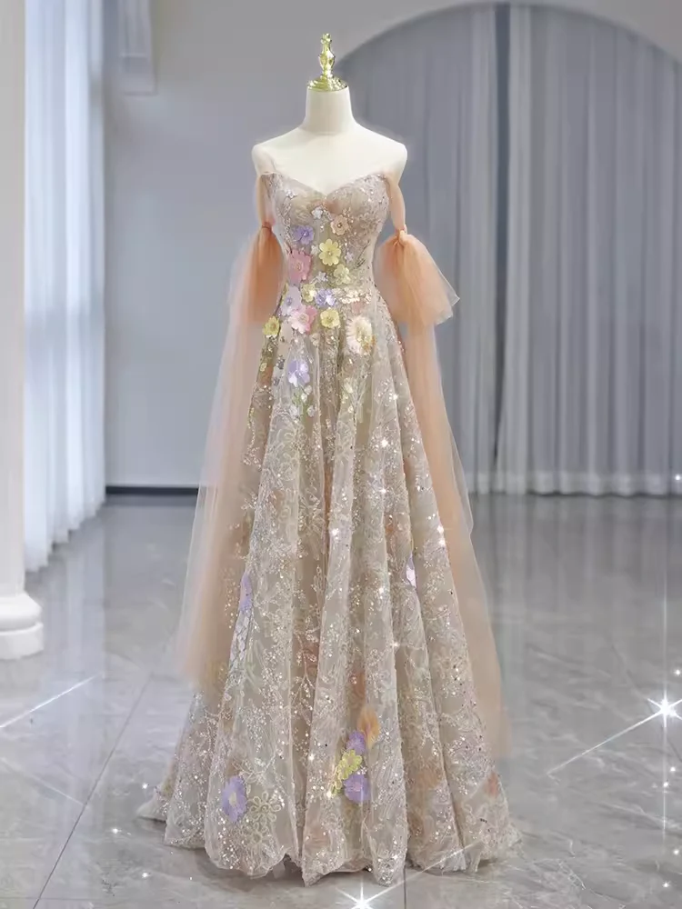 A line Straps Floral Lace Long Evening Dress Prom Dress