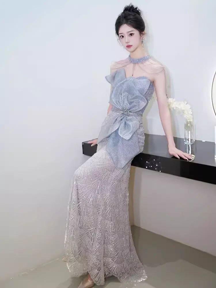 Mermaid High Neckline Sequin Long Evening Dress Beads Prom Dress - FashionDia