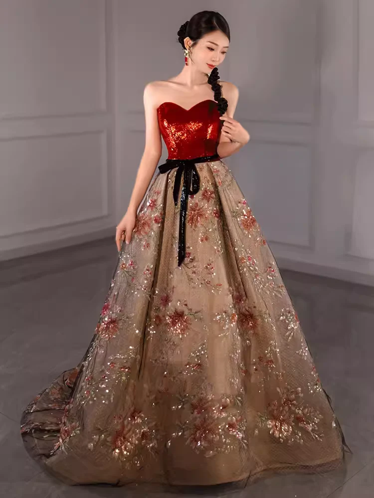 Ball Gown Strapless Burgundy Sequin Long Evening Dress Prom Dress