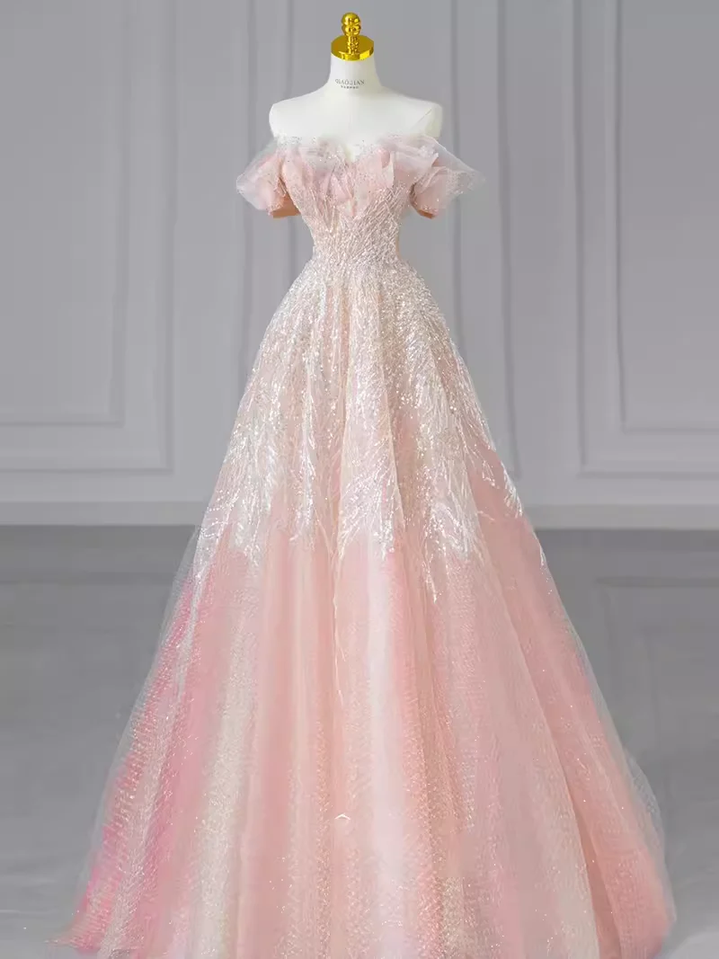 A line Off The Shoulder Pink Sequin Beads Long Evening Dress Prom Dresses
