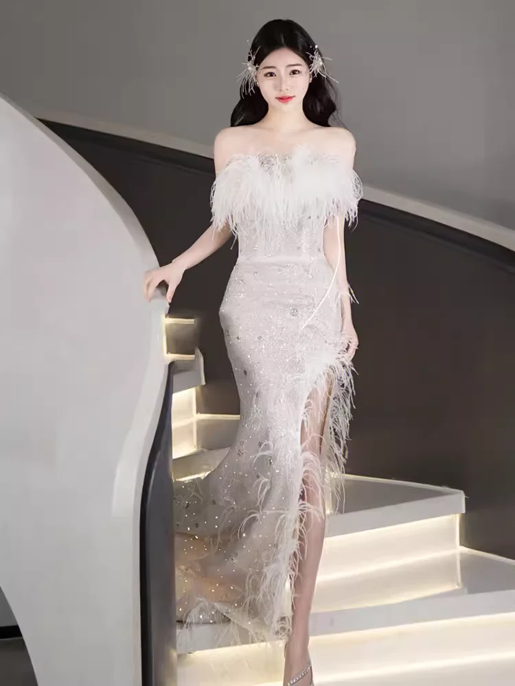 Mermaid Strapless Sequin Beads Long Evening Dress Slit Prom Dresses With Feathers