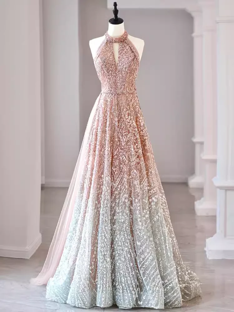 A Line High Neckline Sequin Long Evening Dress Beads Prom Dress
