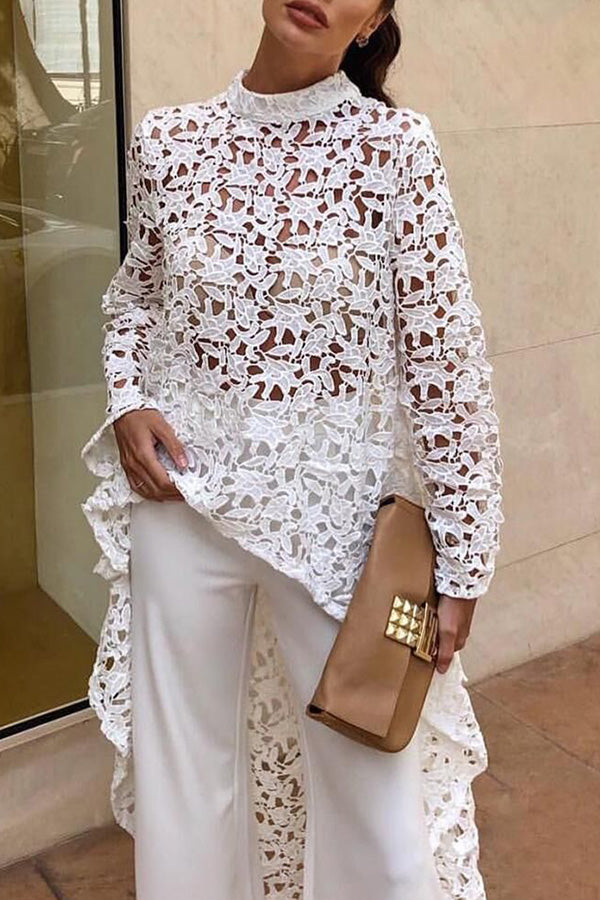 White Crochet Lace Cutout Long Sleeve Top