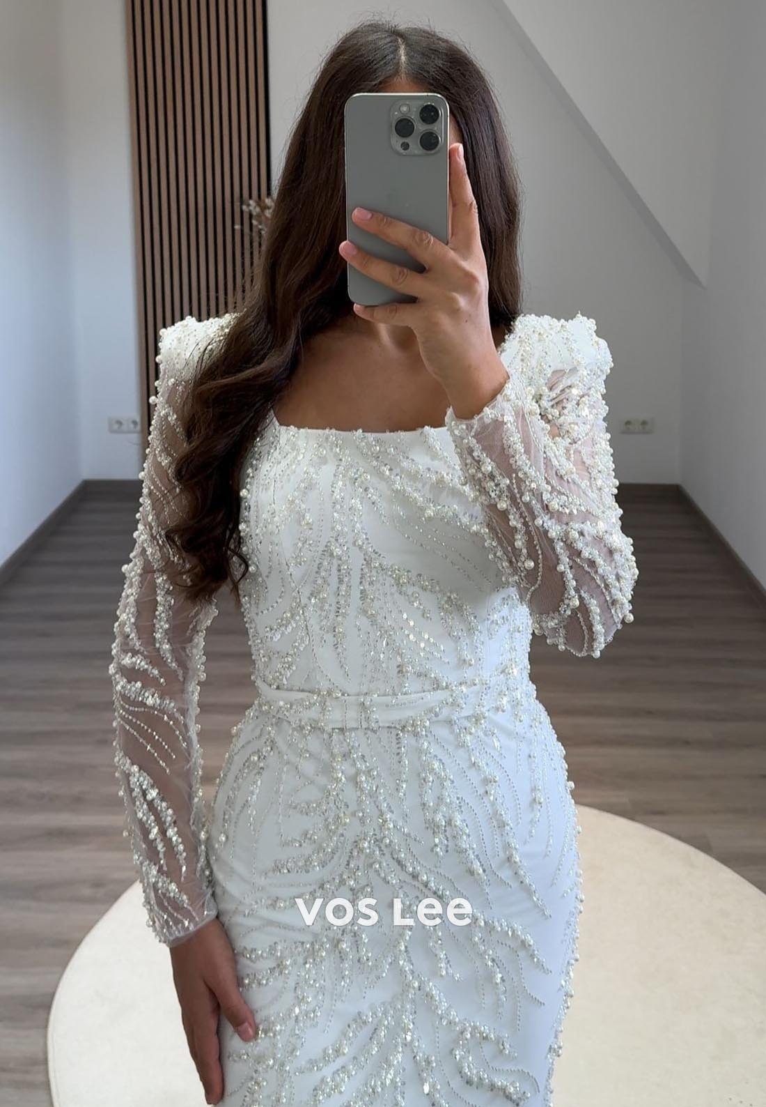Tea-Length Square Beading Long Sleeve Formal Dresses