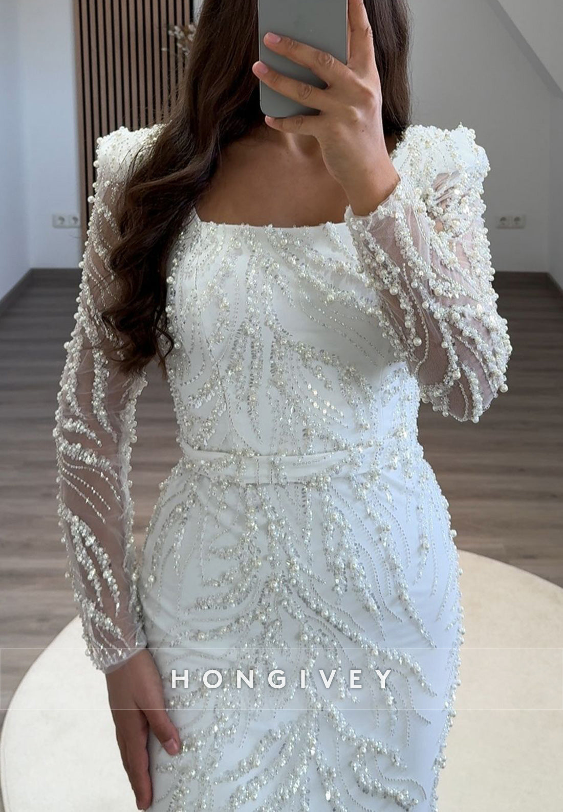 Tea-Length Square Beading Long Sleeve Formal Dresses