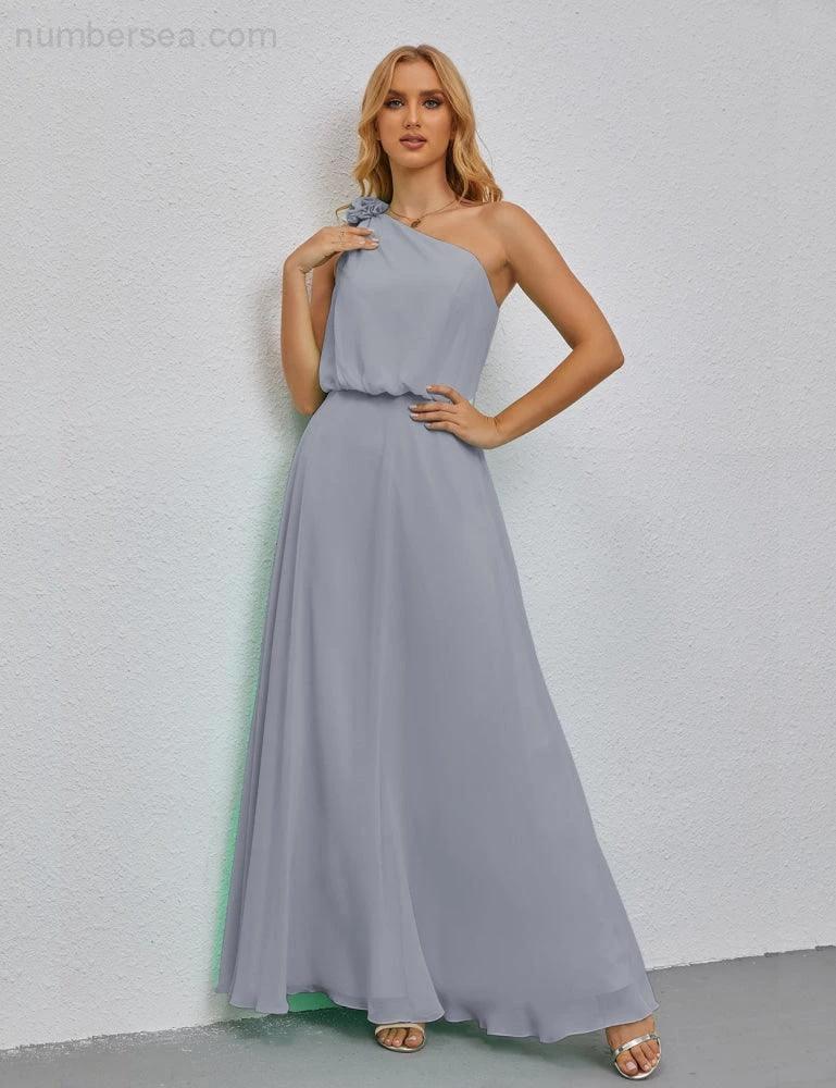 Ruffled One Shoulder Sleeveless Long Bridesmaid Dresses A-line Formal Evening Gown Side Split 28080 (ZD17018)