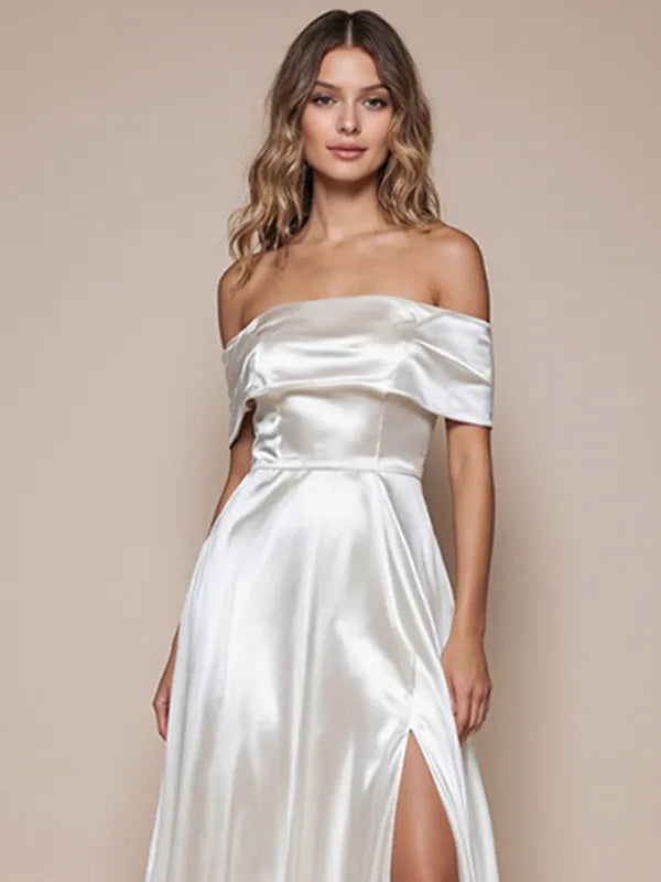 Evening Dress White One-Shoulder High Slit - View 2 | FashionDia