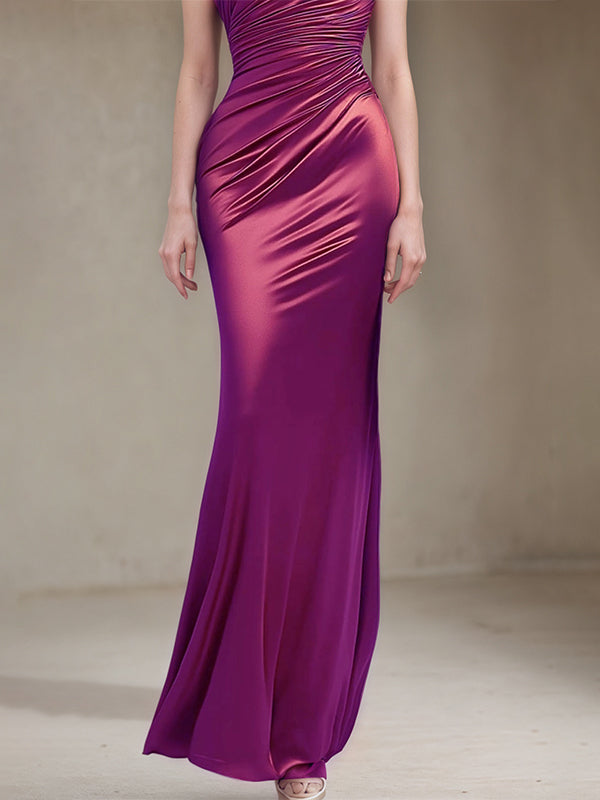 Formal Party Satin Dress Purple One-Shoulder Pleated Floor-Length Dress