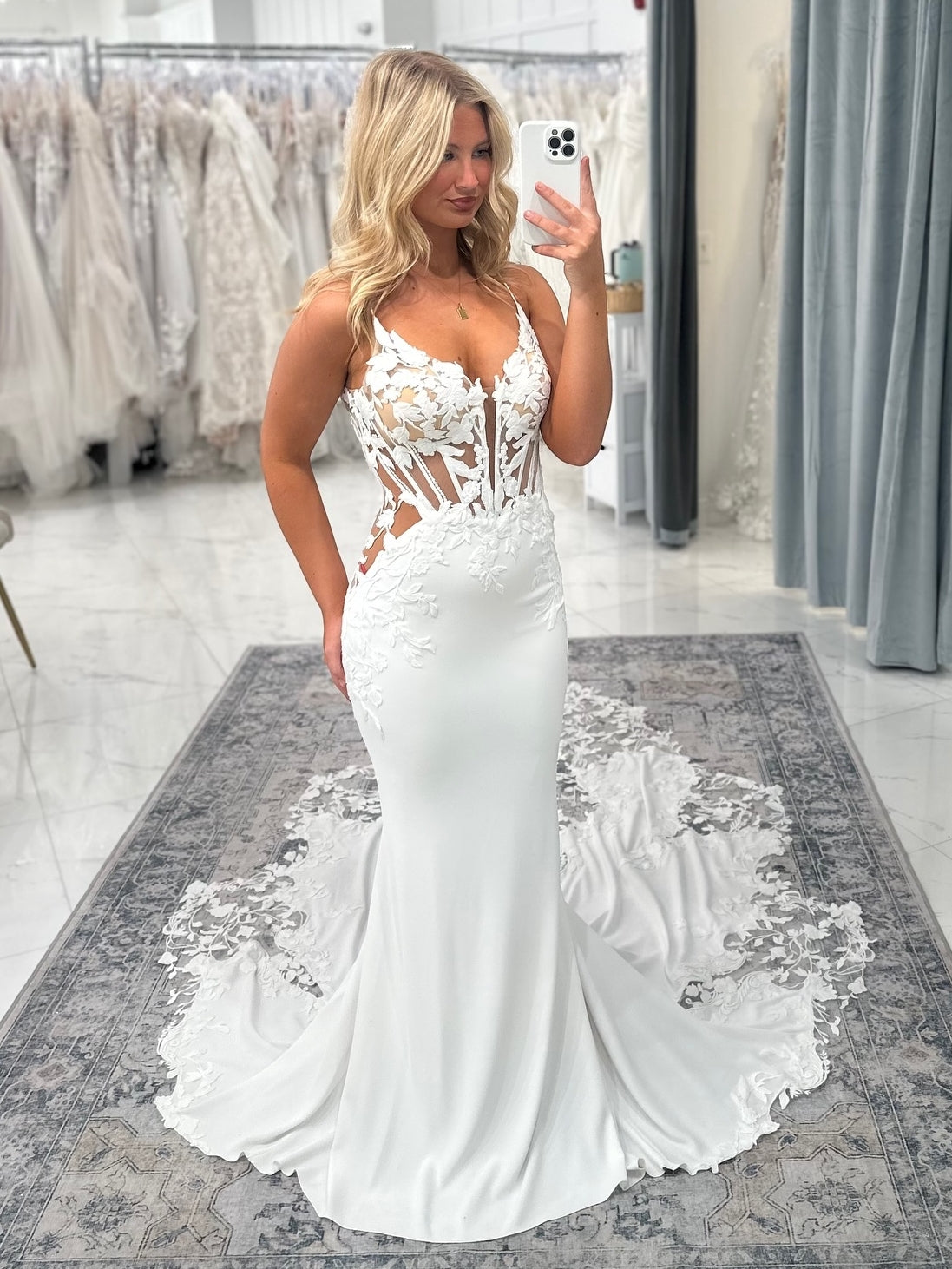 Deep V Neck Sheer Bodice Mermaid Wedding Dress With Lace Embellished Train
