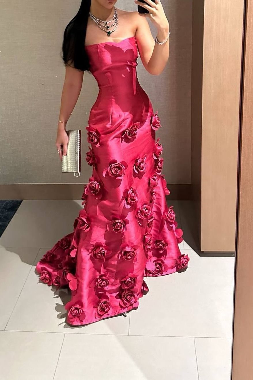 Charming A Line Strapless Red Long Party Dress with 3D Flowers