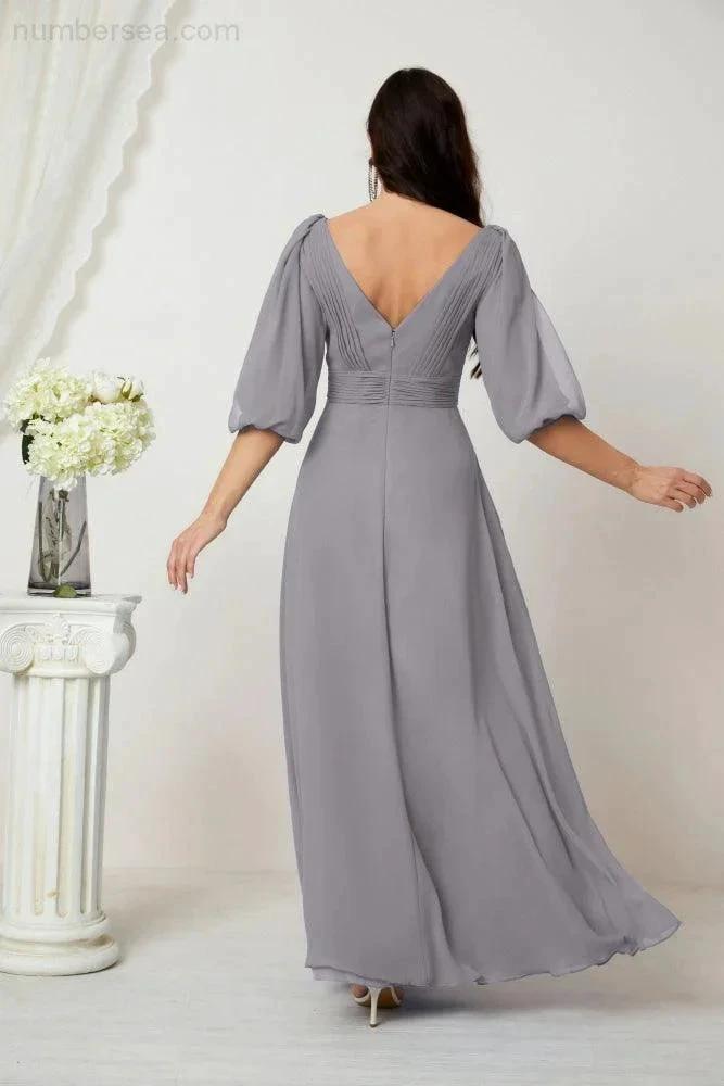 ZapDress Formal Prom Gown Women V-Neck Chiffon Bridesmaid Dresses Long Bishop Sleeve Party Dress 2807 (ZD17027)