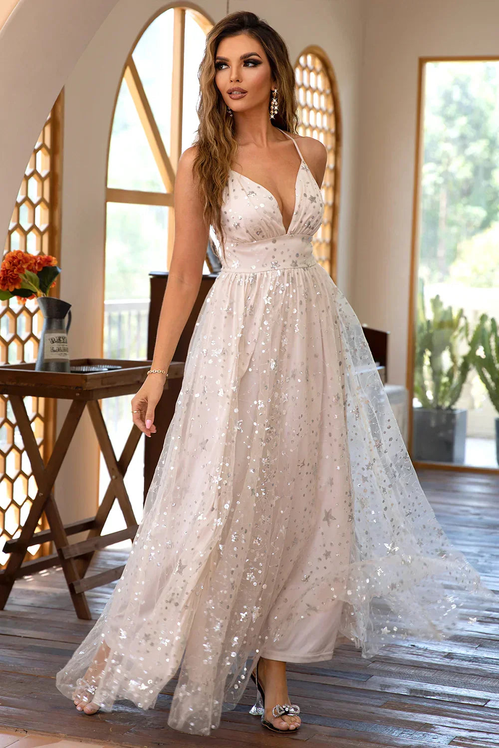 Classic A Line Spaghetti Straps Light Champagne Long Prom Dress with Bling