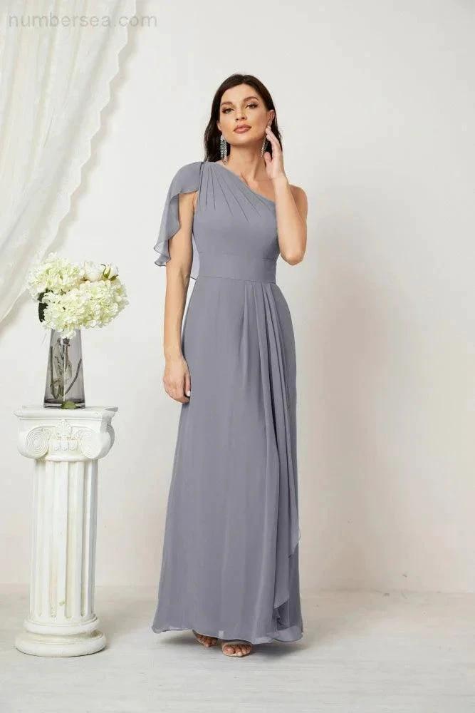 ZapDress Chiffon Ruffled One Shoulder Long Bridesmaid Dresses A-line Formal Evening Gown Side Split 2809 (ZD17049)
