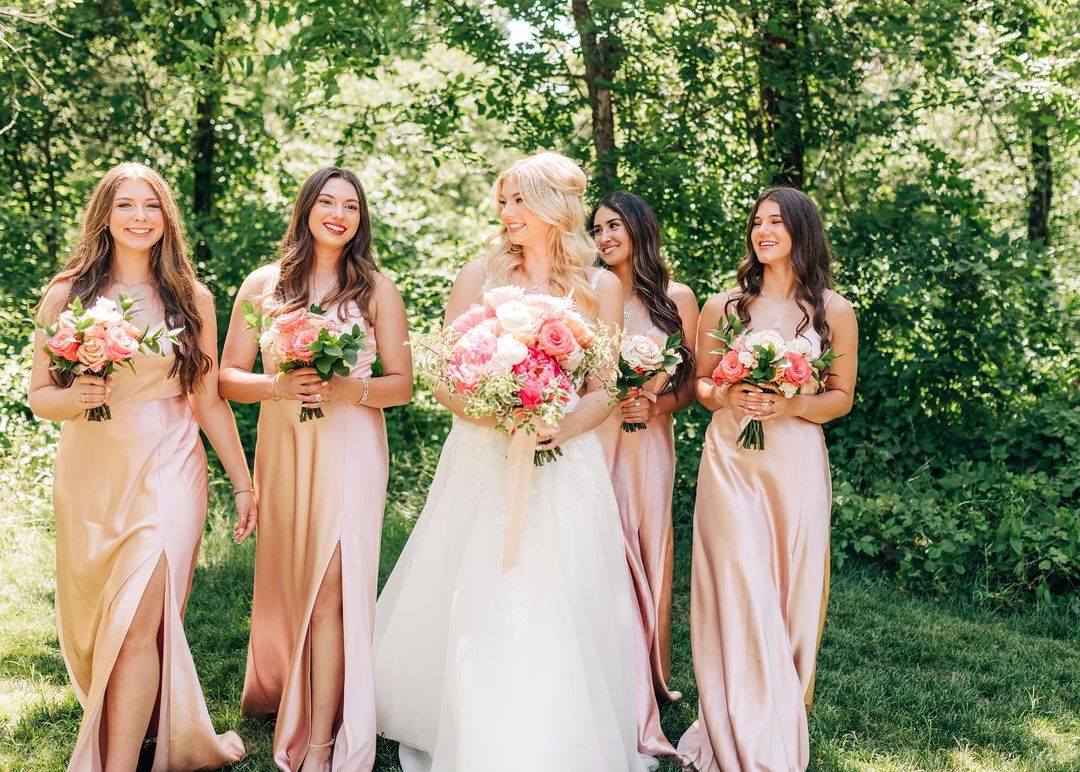 Beautiful A Line Spaghetti Straps Blush Long Bridesmaid Dress with Split Front