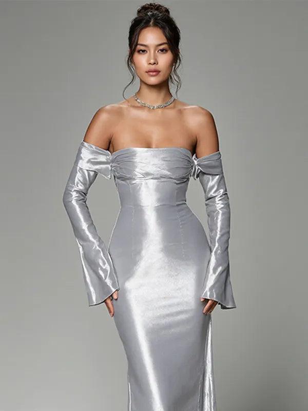Party Dress Silver Gray Off-the-shoulder Tulle Maxi Dress