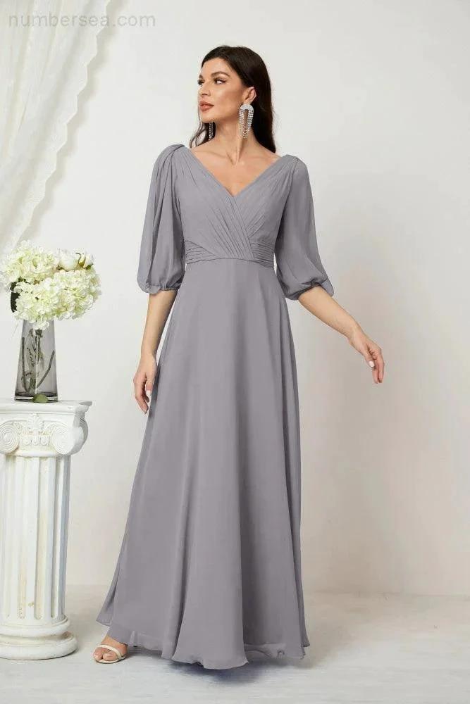 ZapDress Formal Prom Gown Women V-Neck Chiffon Bridesmaid Dresses Long Bishop Sleeve Party Dress 2807 (ZD17027)