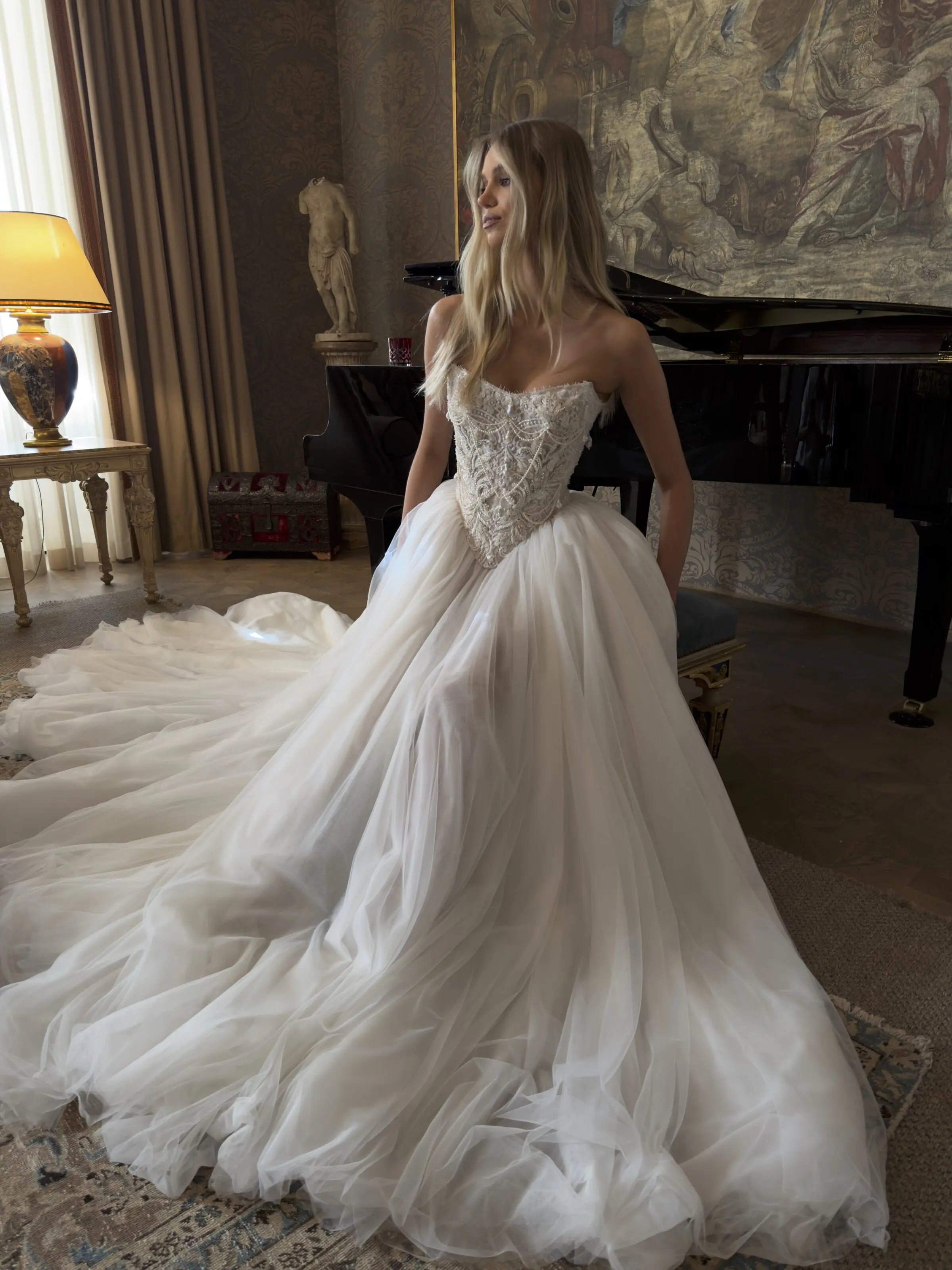 Elegant White Strapless Lace Corset Ball Gown Wedding Dress ZP100 - View 4 | VelvetHem