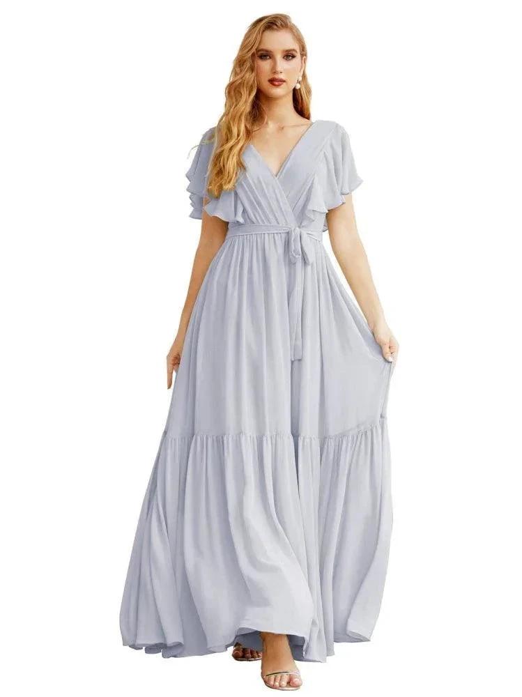 Women's Open Back Formal Evening Party Prom Gowns V-Neck Long Chiffon Bridesmaid Dresses with Waist Belt SEA28038 by numbersea