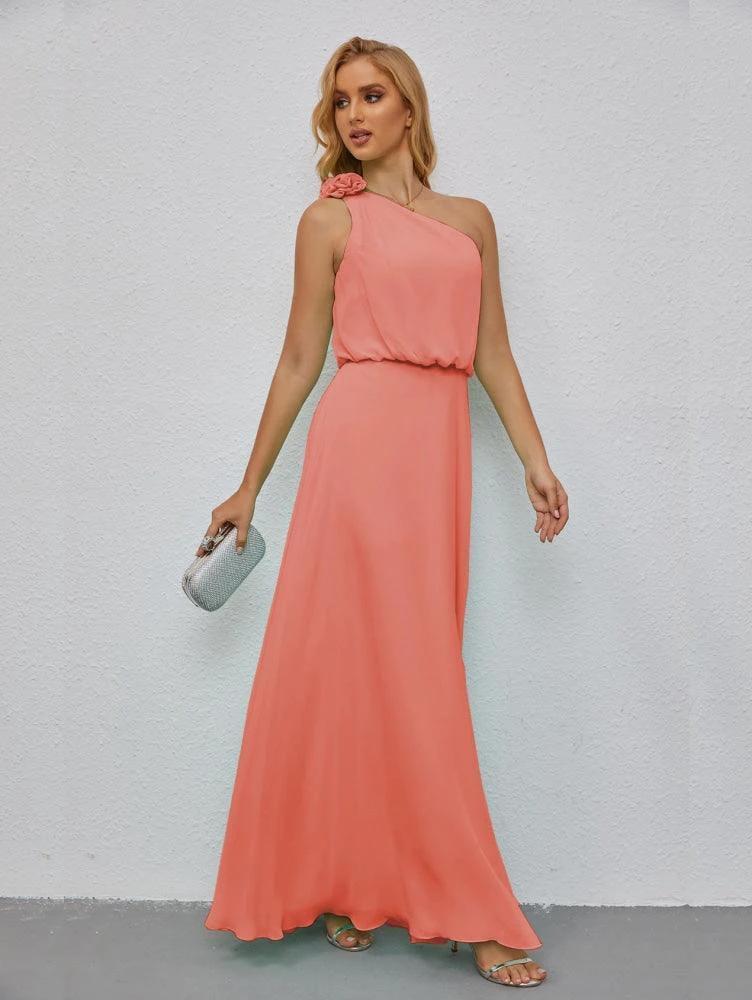 Ruffled One Shoulder Sleeveless Long Bridesmaid Dresses A-line Formal Evening Gown Side Split 28080 by numbersea