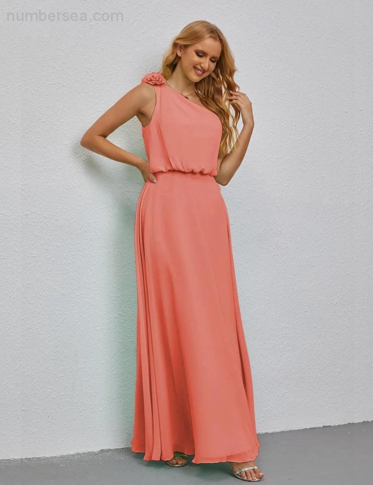Ruffled One Shoulder Sleeveless Long Bridesmaid Dresses A-line Formal Evening Gown Side Split 28080 (ZD17018)