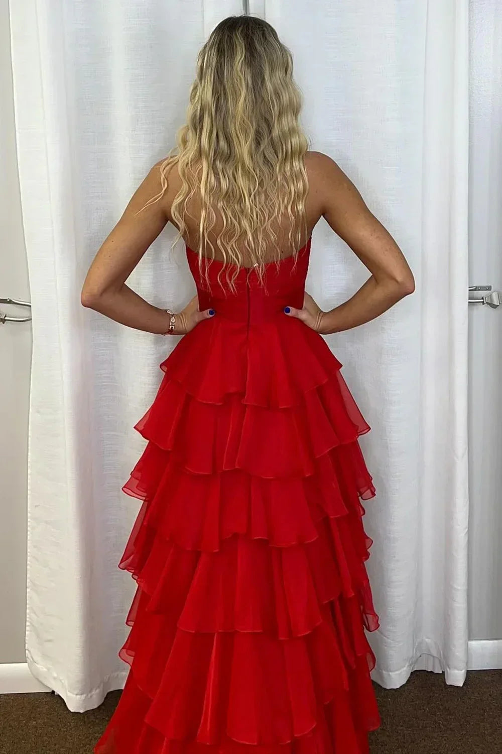 Sweety A-Line Sweetheart Pink Printed Long Tiered Prom Dress with Slit