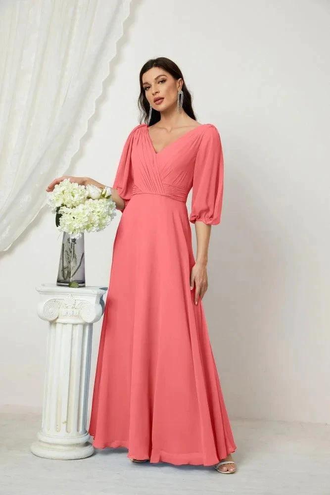 Numbersea Formal Prom Gown Women V-Neck Chiffon Bridesmaid Dresses Long Bishop Sleeve Party Dress 2807 by numbersea