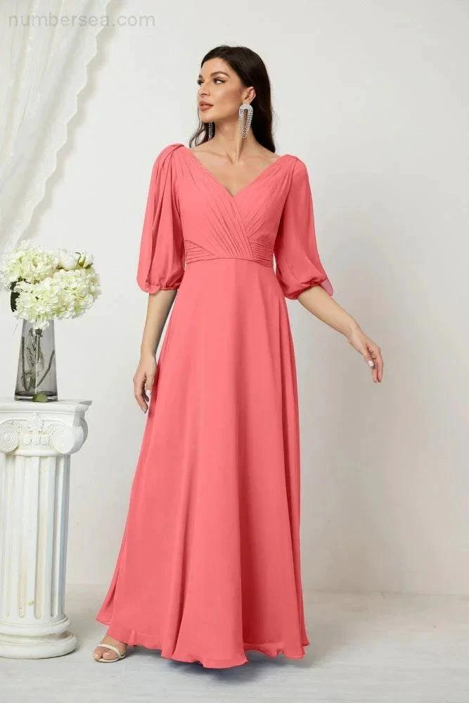 ZapDress Formal Prom Gown Women V-Neck Chiffon Bridesmaid Dresses Long Bishop Sleeve Party Dress 2807 (ZD17027)