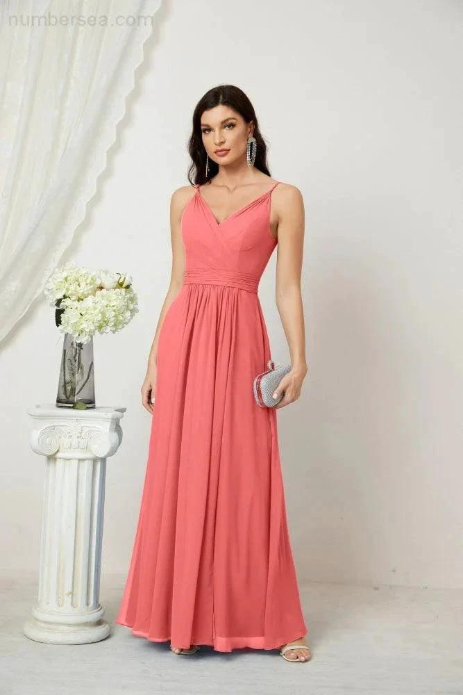 ZapDress Chiffon V-Neck Bridesmaid Dress Spaghetti Strap Long Formal Party Prom Gowns with Slit 28010 (ZD17028)