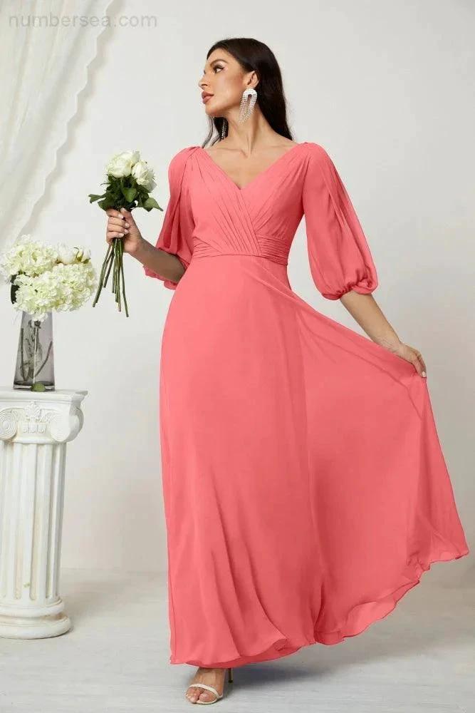 ZapDress Formal Prom Gown Women V-Neck Chiffon Bridesmaid Dresses Long Bishop Sleeve Party Dress 2807 (ZD17027)