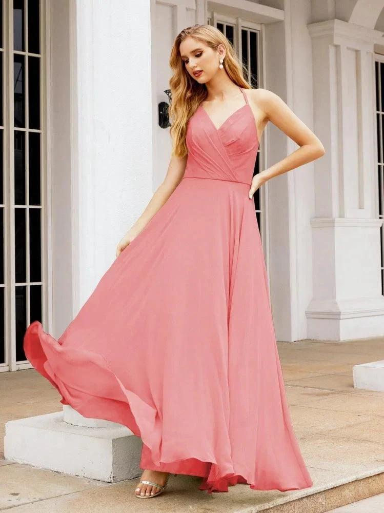 Numbersea Halter Chiffon Bridesmaid Dresses Wedding Appare Sleeveless Formal Prom Dress with Ruffled Back 28035 by numbersea