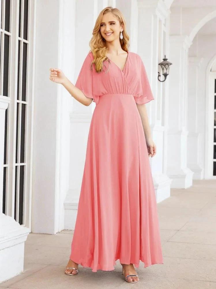 Numbersea V-Neck Bridesmaid Dress Chiffon Long Open Back Formal Dresses for Women Party Evening 28067 by numbersea