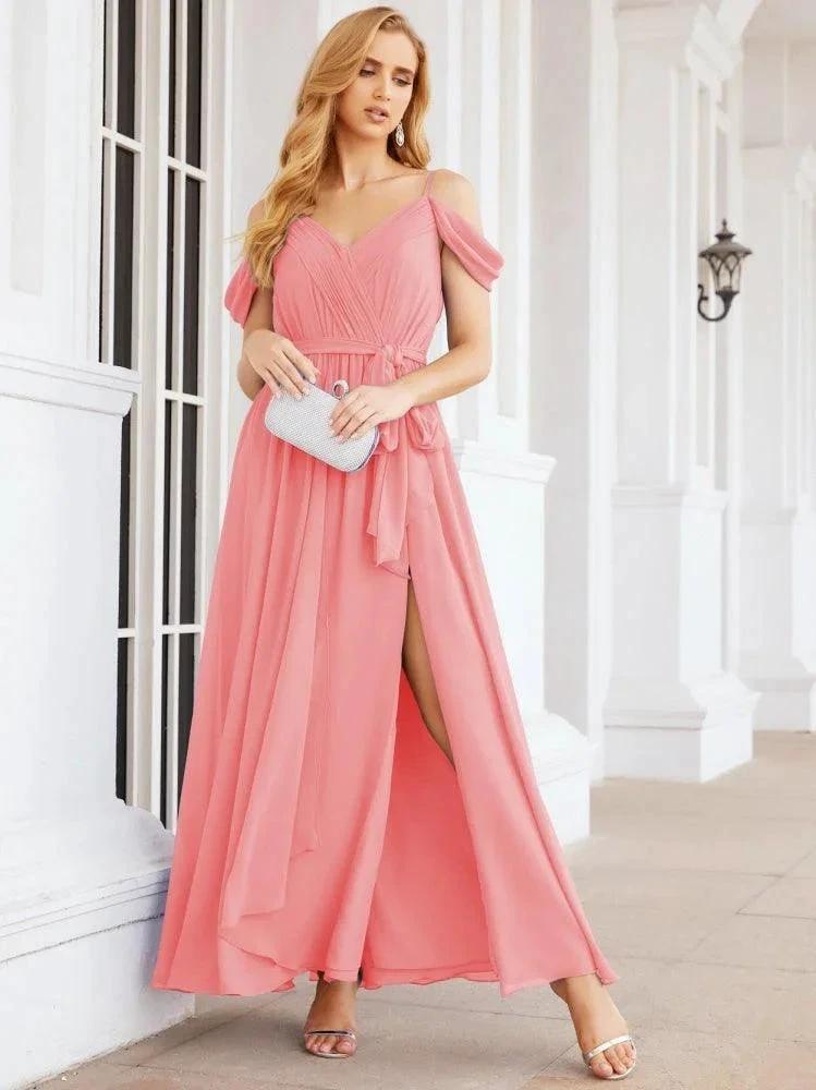Numbersea Off The Shoulder Chiffon Bridesmaid Dress Long Formal Graduation Gown with Cowl Back 28069 by numbersea