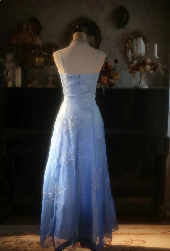 Vintage Gradient Light Blue A-Line Spaghetti Strap Beaded Tulle Long Prom & Evening Dress - View 6 | FashionDia