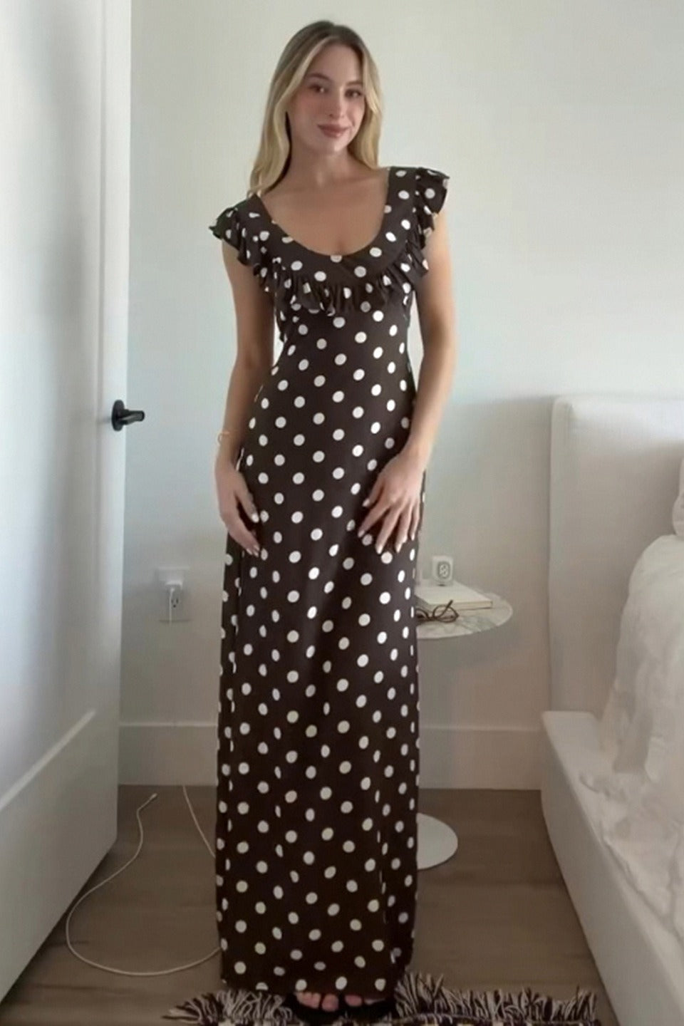 Polka Dot U-Neck Ruffled Bodycon Maxi Dress - View 3 | VelvetHem