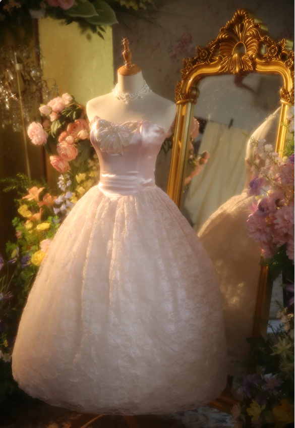 Princess Light Pink Strapless Lace Ball Gown Evening Dress Sweet 16 Dress