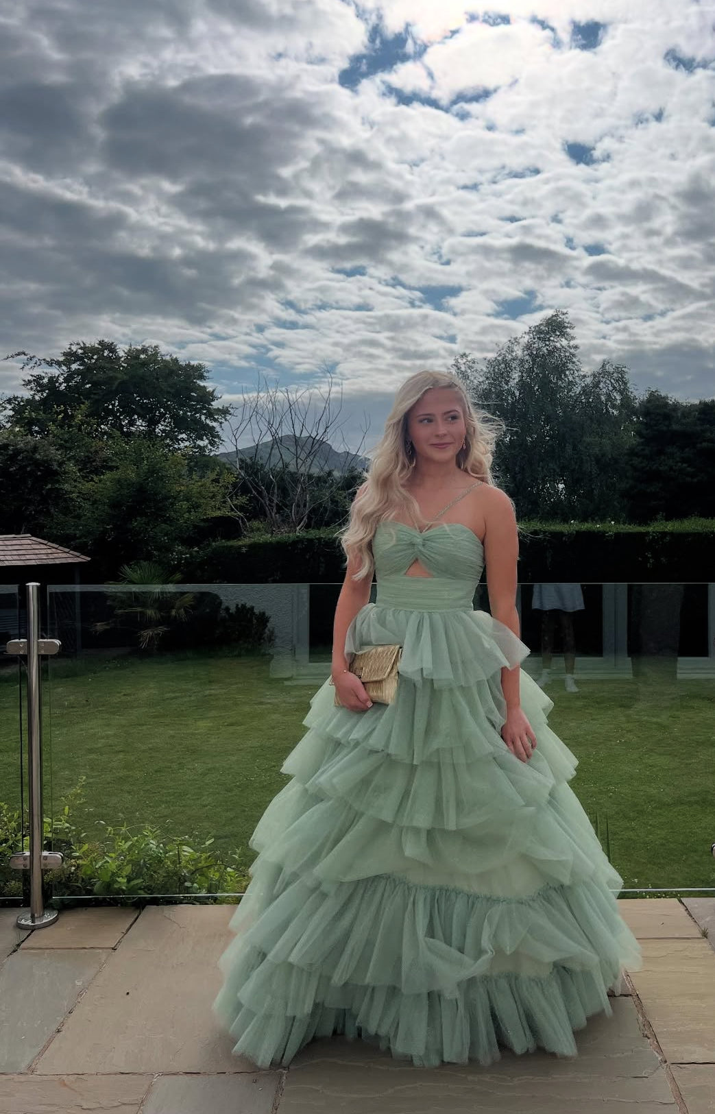 A-Line Green Long Prom Dress Tiered Graduation Dress