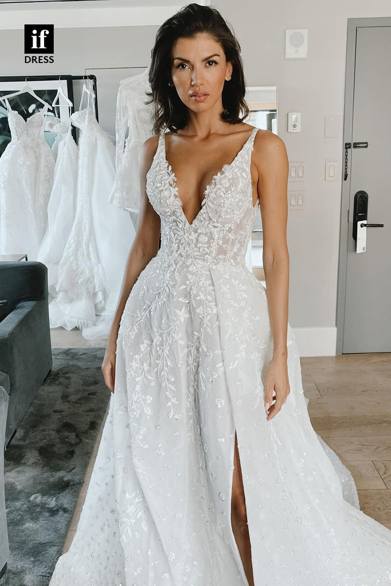 30546 - Classic A-Line V-Neck Lace Appliques Boho Wedding Dress
