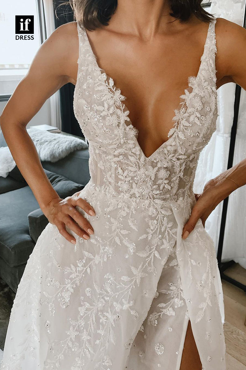 30546 - Classic A-Line V-Neck Lace Appliques Boho Wedding Dress