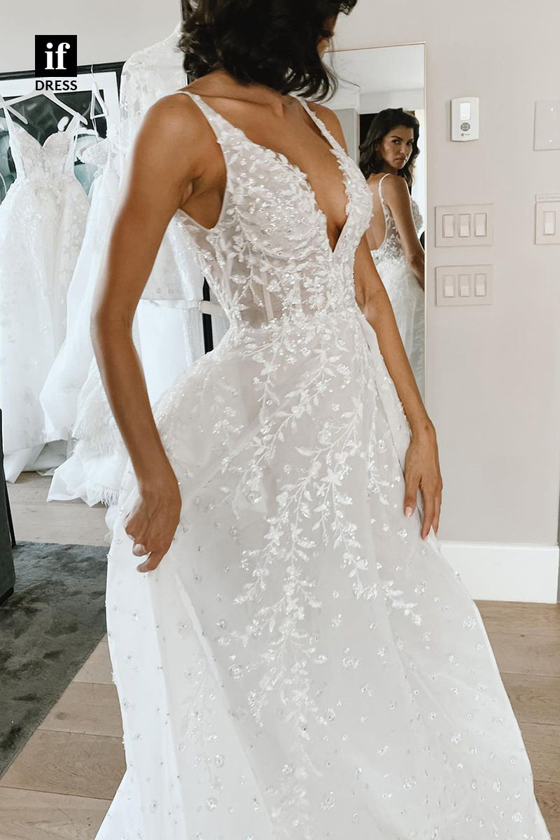 30546 - Classic A-Line V-Neck Lace Appliques Boho Wedding Dress