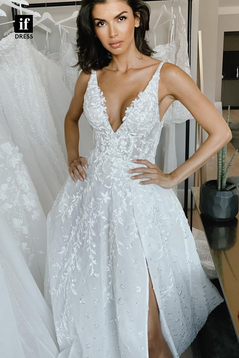 30546 - Classic A-Line V-Neck Lace Appliques Boho Wedding Dress