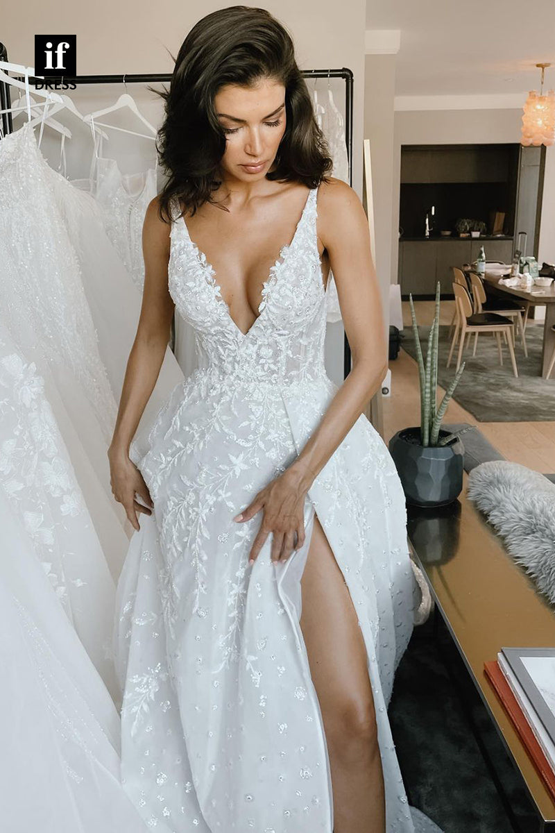 30546 - Classic A-Line V-Neck Lace Appliques Boho Wedding Dress