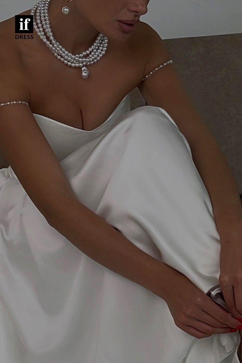 30582 - Illusion V-Neck Off-Shoulder Satin Bohemian Wedding Dress