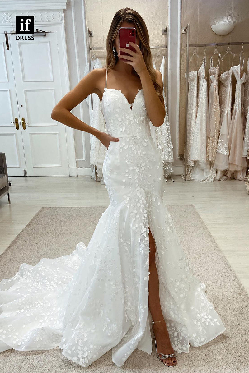 30584 - Illusion Trumpet V-Neck Lace Split Wedding Dress