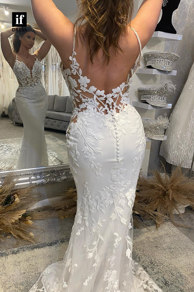 30585 - Backless Trumpet V-Neck Lace Wedding Dress