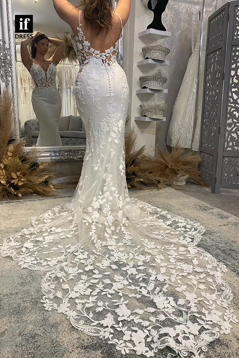 30585 - Backless Trumpet V-Neck Lace Wedding Dress